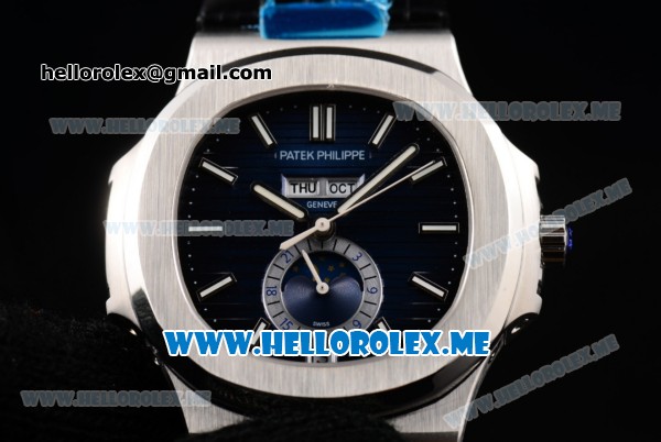Patek Philippe Nautilus Annual Calendar Miyota 9015 Automatic Steel Case with Blue Dial Black Leather Strap and Stick Markers - Click Image to Close